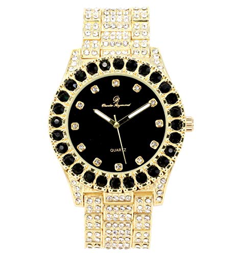 Charles Raymond Bling-ed Out Round Metal Mens Color on Blast Silver Tone Watch with Diamond Time Indicators - Ice on Fire!!! - ST10327DxxS (Color Black Panther Gold)