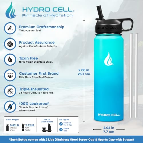 Image of HYDRO CELL Stainless Steel Insulated Water Bottle with Straw - For Cold & Hot Drinks - Metal Vacuum Flask with Screw Cap and Modern Leakproof Sport Thermos for Adults (Teal /Blue 24oz)