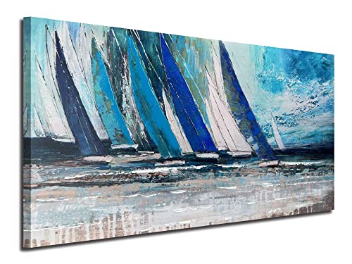 Arjun Blue Abstract Wall Art Teal Ocean Sailboat Picture Modern Turquoise Coastal Painting, Large Canvas Handmade Textured Framed Artwork for Living Room Bedroom Kitchen Home Office Wall Decor 40