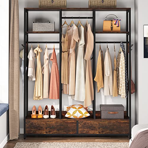 Tribesigns Freestanding Closet Organizer With 2 Drawers, 71’’H X 55’’W Heavy Duty Garment Rack With Shelves And 6 Hooks, Wardrobe Closet Clothes Rack For Hanging Clothes, Clothing Storage For Bedroom #TOP3