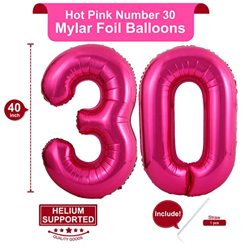 Image of 40 Inch Hot Pink 30 Number Balloons Giant Jumbo Huge 30 Foil Mylar Helium Number Balloons Dark Pink Birthday Mylar Digital Balloons Dirty 30th Birthday Party 30th Anniversary Events Party Decorations