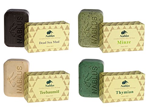 Nablus Soap natürliche Olivenölseife 4er Set (4 x 100g) Dead Sea Mud Minze Teebaumöl Thymian Cover