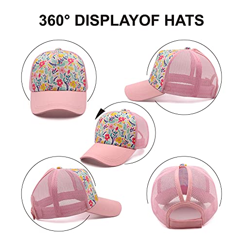 Girls Pony Hat Distressed High Ponytail Messy Bun Baseball Caps Kids Trucker Floral Sun Protection Hats Biking Cap(4-10years)4
