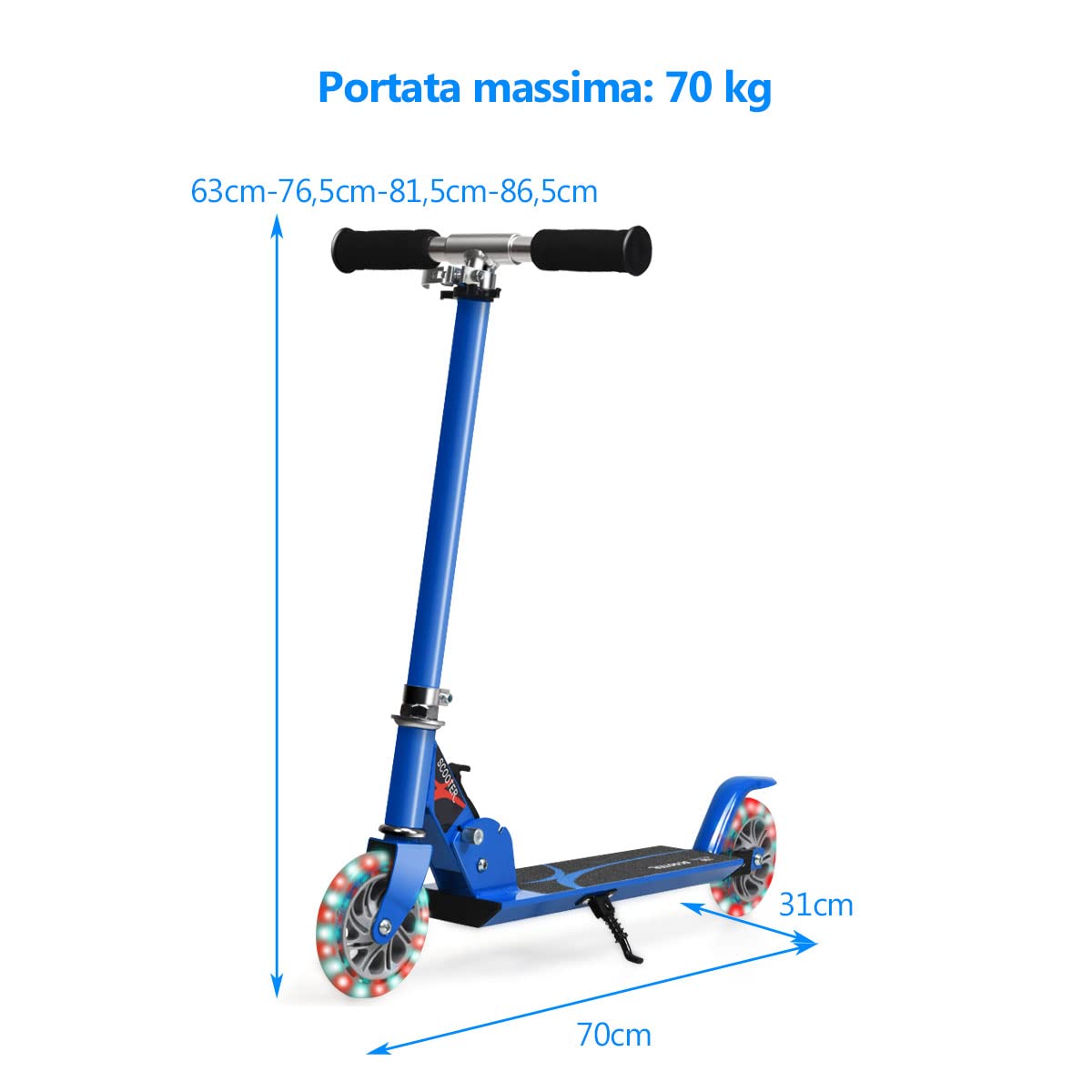 COSTWAY Monopattino Bambini, Monopattini con 2 Ruote Luci, Manubrio Regolabile in 3 Altezze, Freno Posteriore, Cavalletto e Pedana Larga, Portata 70 kg, Adatto ai Bambini 5-13 Anni