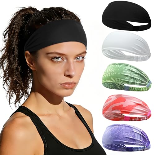 Image of ROCKTAKIN 5 Pack Running Headbands, Moisture Wicking Non-Slip Wide Elastic Sweatbands, Athletic Workout Sports Headbands for Men & Women, Running Cycling Basketball