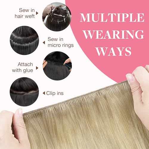 Image of GOO GOO Sew in Hair Extensions Real Human Hair, Weft Hair Extensions Human Hair, 18ET90A Natural Blonde Balayage 14Inch 80g, Weft Bundles Straight Silky Remy Hair