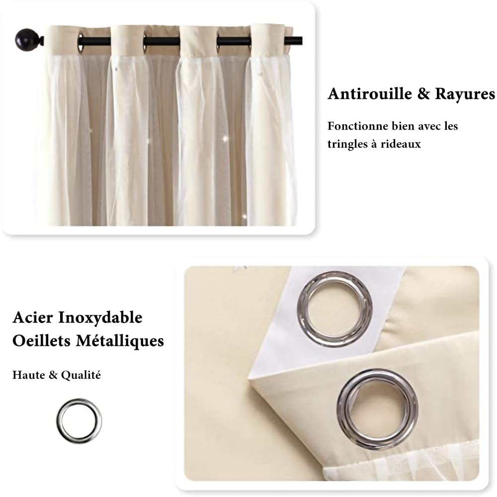 Freyamy Rideau Occultant Étoile Creux Thermique Isolant Anti Froid Oeillets Léger Fenêtre 244x132cm Beige 2 Pièces