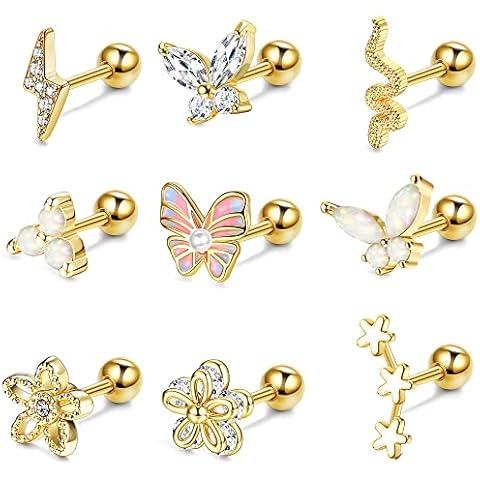 Dochais 9Pcs Cartilage Earrings for Women Stainless Steel Cartilage Butterfly Flower Star CZ Opal Helix Tragus Piercing Jewelry Gold Cover