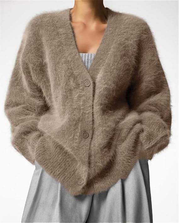 Image of Womens Fuzzy Sweaters Cardigan V-Neck Button Down Oversized Mohair Sweater Casual Y2k 2026 Fall Winter