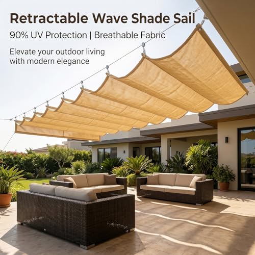 Voile d'ombrage wave rétractable beige 1.7x20m pour terrasse