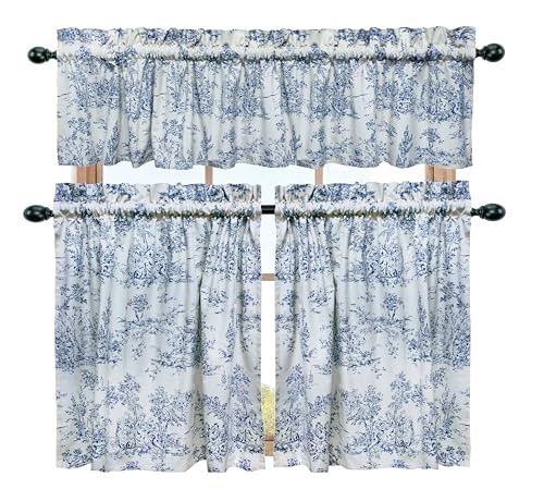 COTTON CRAFT Café Curtains - Tier Window Treatment Curtains - Blue White French Country Toile Print 3 Pack Set with Valance - 100% Cotton Kitchen Farmhouse Country Rustic Laundry Bedroom Curtain Set