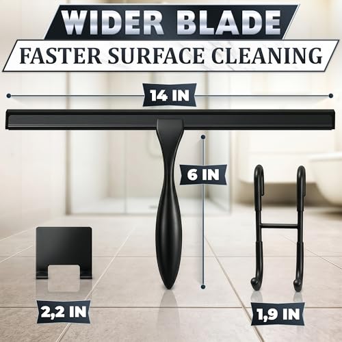 Image of Shower Door Squeegee with Hook - 14 inch Silicone Blade, Stainless Steel Black Squeegee for Shower Glass with Adhesive Mount - All-Purpose Bathroom Tile, Mirror, & Window Wiper for Streak-Free Cleaning