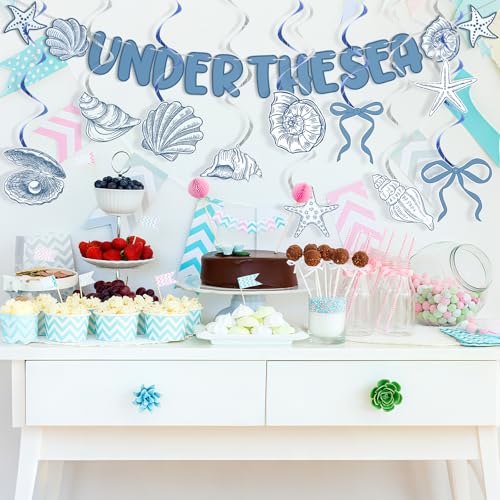 Image of Yunlly Coastal Christmas Decor Blue Bow Starfish and Seashell Garland Hanging Swirls Under The Sea Birthday Party Decorations Coquette Beach Banner for Christmas Bachelorette Wedding Party Favors