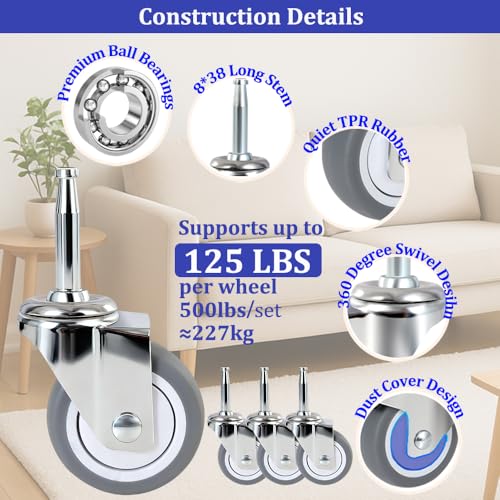 Enyke 2" Wet Dry Vac Repalcement Casters 500 LBS, 5/16" x 1-1/2" (8 x 38mm) Stem Casters, TPR Rubber Casters Set of 4, Swivel Castors with Ball Bearing, for Furniture, Carts, Dolly, Vacuum