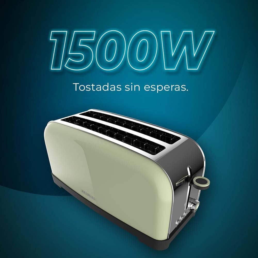 Cecotec Tostador Vertical Toastin' Time 1500 Green, 1500W, Doble ranura larga y ranura ancha 3,8cm, Varillas Superiores, Acero Inoxidable, Apagado y Pop-up Automático, Recogemigas — view 5