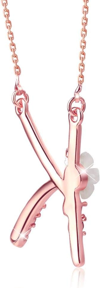 Flower Initial Letter Necklace Pink Red Blue Simulated Pearl Pendant Name Jewelry Made with Austrian Crystals Rose Gold Plated Anniversary Birthday Gifts for Women,18"+2"