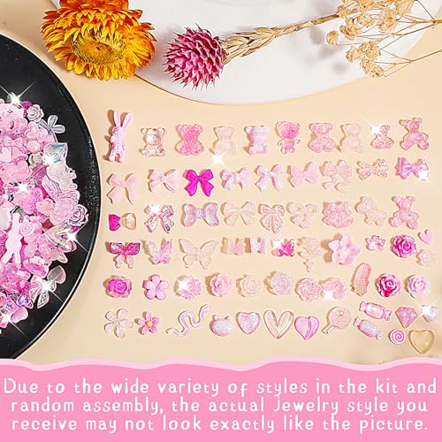 Aurora Bow Nail Charm 200Pcs 3D Multi Shapes Nail Charms Pink Mix Styles Butterfly Bow Flower Bear Lollipop Heart for Nail Art Decoration DIY Crafts Design Accessories - Image 2