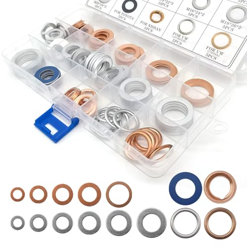 Image of 105 PCS Car Oil Drain Plug Copper Flat Washers Assortment Set, 15 Sizes Durable Oil Crush Washer Seals Kit, with Storage Box, Compatible with Nissan Volkswagen (Multicolored)