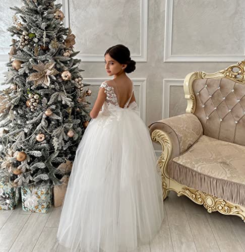 M_RAC Lace Appliques Flower Girls Dresses for Wedding Party Dress Tulle First Communion Ball Gowns with Bow FL0013