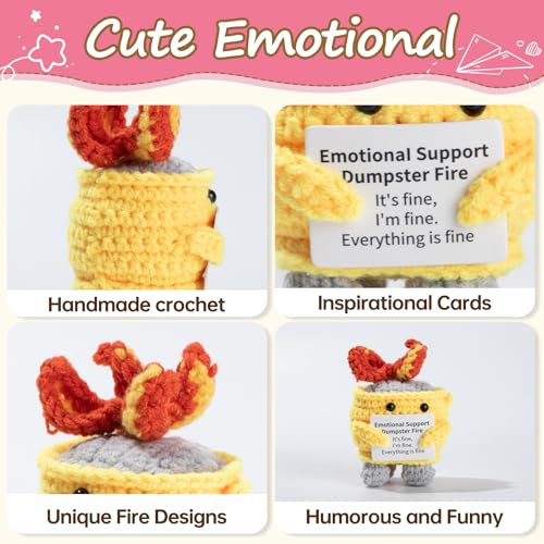 Image of RovyFota Emotional Support Crochet Dumpster Fire with Positive Card Cute Room Decor Knitted Toys Funny Crochet Support Buddies Gifts for Friends (9pcs Mix)