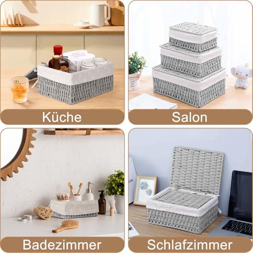 HUALIANG Aufbewahrungskorb 3 Stück Aufbewahrung Korb mit Deckel,Korb Geflochten aus Papierseil Boho-Decor Körbchen mit Futter,Multifunktionale Aufbewahrungsbox zum von Spielzeug Badezimmer (Grau)