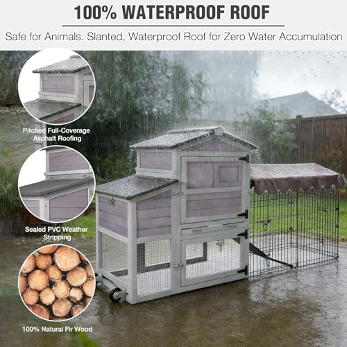 Image of Mobile Chicken Coop with Run, Large Outdoor Wooden Poultry Cage Hen House with Wheels, Nesting Box, Pull-Out Tray, Waterproof Roof, Grey, 79.1 inch L x 25.2 inch W x 43.6 inch H, for 4-6 Chickens