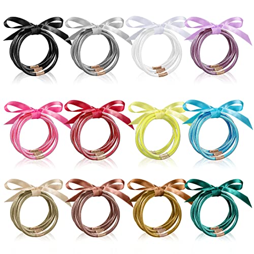 Xinnun 60 Pieces Glitter Jelly Bracelets Jelly Bangle Bracelets Set Colorful Glitter Filled Silicone Bracelets With Ribbon Bow For Girl Women Valentine's Day #TOP30