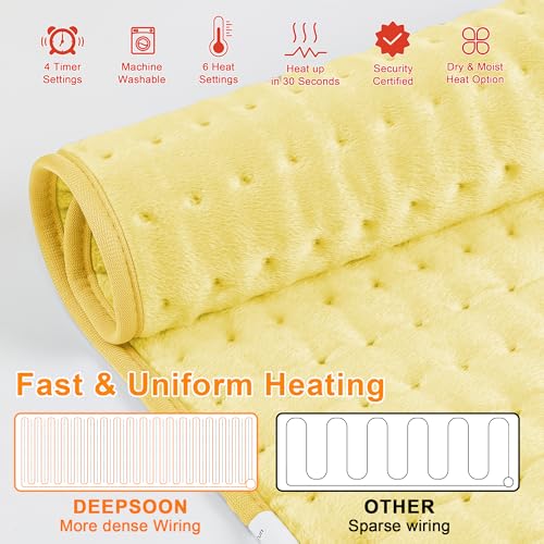 Image of Deepsoon Heating Pad,Electric Heating Pads for Back,Neck,Moist Heating Pad for Abdomen Shoulder Knee Legs,Dry /Moist Heat&Auto Shut Off,Mother's Day Birthday for Men and Women,Light Yellow,24x12 Inch
