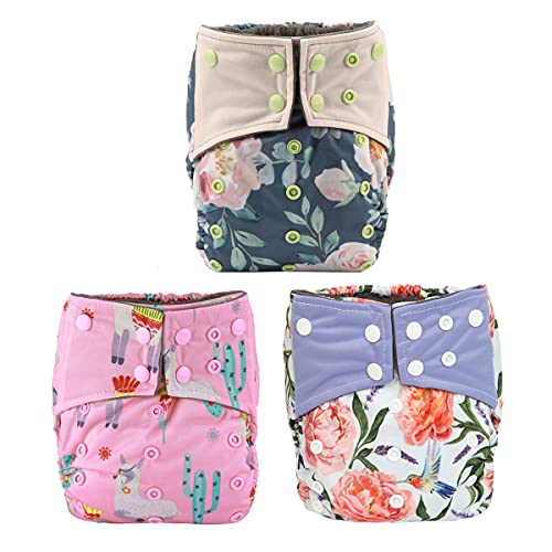 Image of Sigzagor 3 AIll in One Cloth Diapers Nappies for Night AIO Sewn in Insert Reusable Washable (Flower Set)