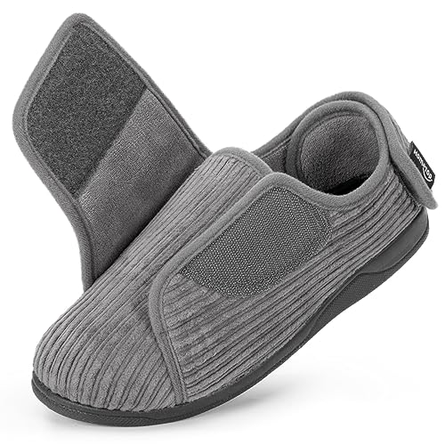 HomeTop Women's Comfy Corded Velveteen Adjustable Wide Fit Shoes Hook And Loop Memory Foam Closed-back Diabetic Slippers Ultimate Grey, 6 UK