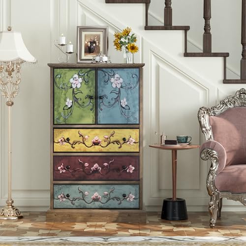 FINETONES Wood Chest of Drawers, Tall Boho Dresser with Drawers and Doors, 16.1D x 23.6W 42.3H Inch Wood Accent Dresser for Home Office