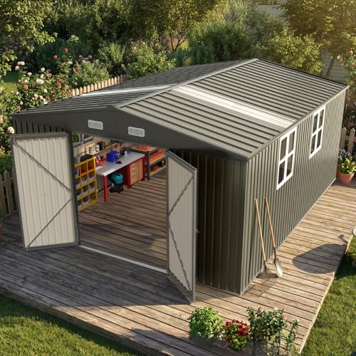 Quictent 12x16 FT Outdoor Storage Shed, Metal Workshop with Skylight & 4 Windows, Waterproof Utility Shed for ATVs, Motorcycles, Large Gear Dark Gray