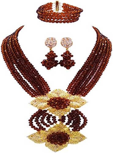 aczuvFashion African Bead Necklace Nigerian Beads Wedding Jewelry Sets for Women (Brown)