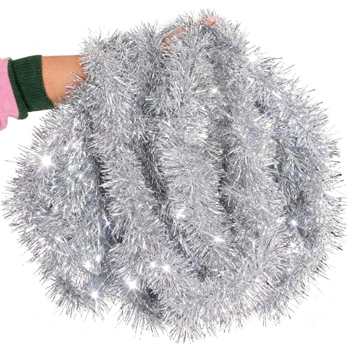 10m Silver Chunky Tinsel 10 Metres Sparkly Xmas Garland for Christmas Tree Decorations Home & Office Christmas Décor UK