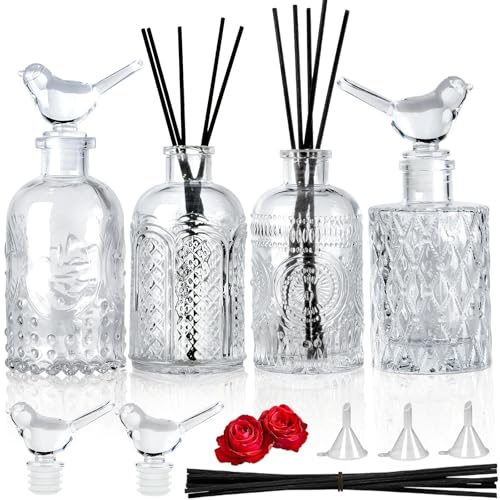 Set di 4 bottiglie di vetro con diffusore di canne, vuote, fai da te, per vasi profumati, vasi profumati, con bastoncini per casa, ufficio, scrivania, decorazione auto, regalo per ragazze e donne