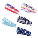 Beatifufu 5piezas Cintas De Cabello De Algodón Con Botón Para Deportes y Yoga Absorbentes De Sudor Diversos Patrones Banderas Geometría Zic-zac Mosaico Relámpago