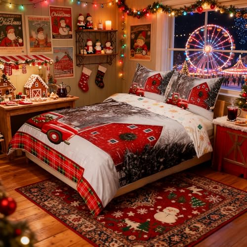Christmas Truck Kids Duvet Cover Set King Size,Geometric Plaids Snowflake Bedding Set,Girls Boys Adults Room/Xmas Cabin Decor,Cottage Rustic Comforter Cover,Farmhouse Quilt Cover,3pcs,2 pillowcases
