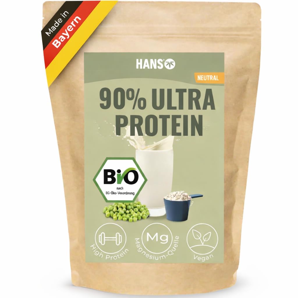 HANS Brainfood 90% Bio ULTRA fermentiertes Erbsenprotein Pulver cremig 1kg neutral - Veganes Proteinpulver cremig Mit Optimalem Aminosäurenprofil & Gut löslich - Bio Protein Pulver (1000g)