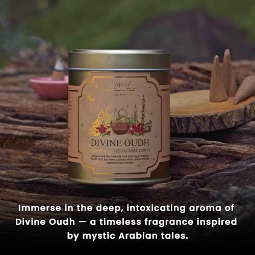 Image of Nyassa Divine Oudh Highly Scented Incense Cone | Oudh Fragrance | Pure Long-Lasting Dhoop Cones for Pooja, Meditation, Home Fragrance | 40 Dhoop Cones in Tin Box (100g)