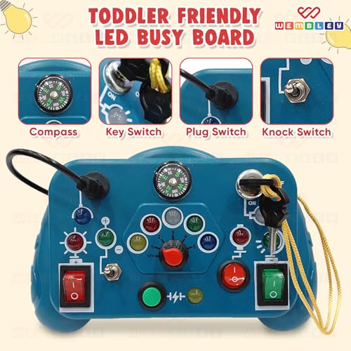 Image of Wembley Busy Board Switch Light Game - Blue | Montessori Sensory Activity Toy for Toddlers | LED Lights, Buttons, Switches & Compass | Fine Motor Skill Development