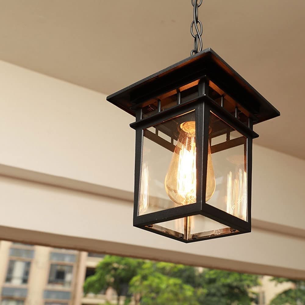 Lámpara colgante Moderna de Exterior Estilo granja con pantalla de Cristal ondulado y Cadena Ajustable, Marco de aluminio antioxidante, para iluminación Exterior (oscura, 18,5 cm)