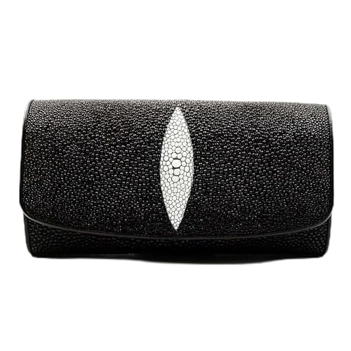 New Black Stingray Leather Skin Women Tri-fold Clutch Wallet Purse.