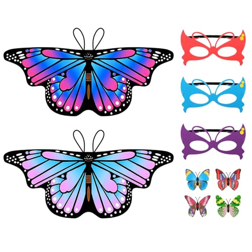 Aomig Asas de borboleta para menina, 2 peças disfarce de asas de borboleta, disfarce meninas com 3 máscara e 4 parafusos, macio e respirável, para o Natal carnaval festa Páscoa Cosplay, azul e rosa