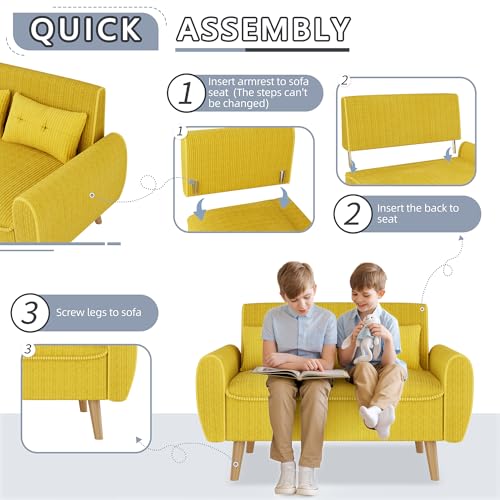 Image of Shintenchi 48'' Loveseat Sofa, Mid-Century Modern Upholstered Couch Deep Seat with 2 Pillows, 10 inch Thick Cushion with Spring, Solid Wood Frame Small Couch for Living Room, Dorms & Office, Yellow