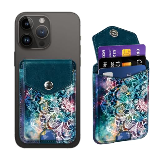 Yiyahu Self Adhesive Card Holders for Back of Phone, Leather RFID Phone Wallet Pockets with Snap, Slim Card Holders Sleeve for Phone Case, Mandala