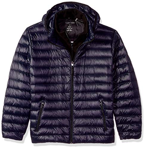 Calvin Klein Men's Lightweight Packable Down Jacket with Fleece Bib and Removable Hood, deep Blue, Large