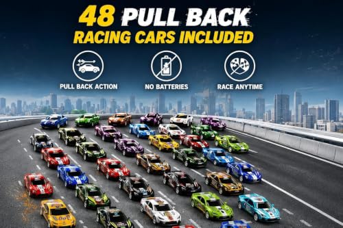 Image of Brand Conquer 48 PCS Pull Back Racing Cars Set with Foldable Storage Container & Racing Track | Mini Toy Car Collection Gift Box | Portable Carry Case | Friction Powered Cars for Boys & Girls