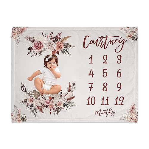Girls Love A Monogram - Personalized Custom Boho Floral Baby Monthly Milestone Blanket Girl