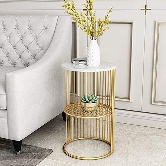 Image of Coffee Round Accent Table with Metal and Engineered Wood Tabletop and Powder Coated Frame for Living Room and Balcony (White Gold)