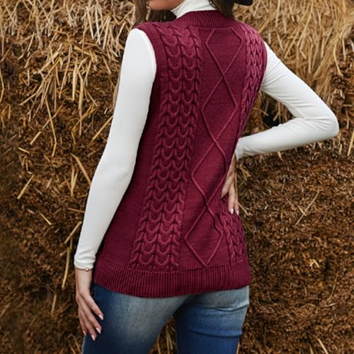 Image of Women's Sweater Vest,Long Cable Loose Knitted Sleeveless V Neck Casual Sweaters Tank Top S~XL